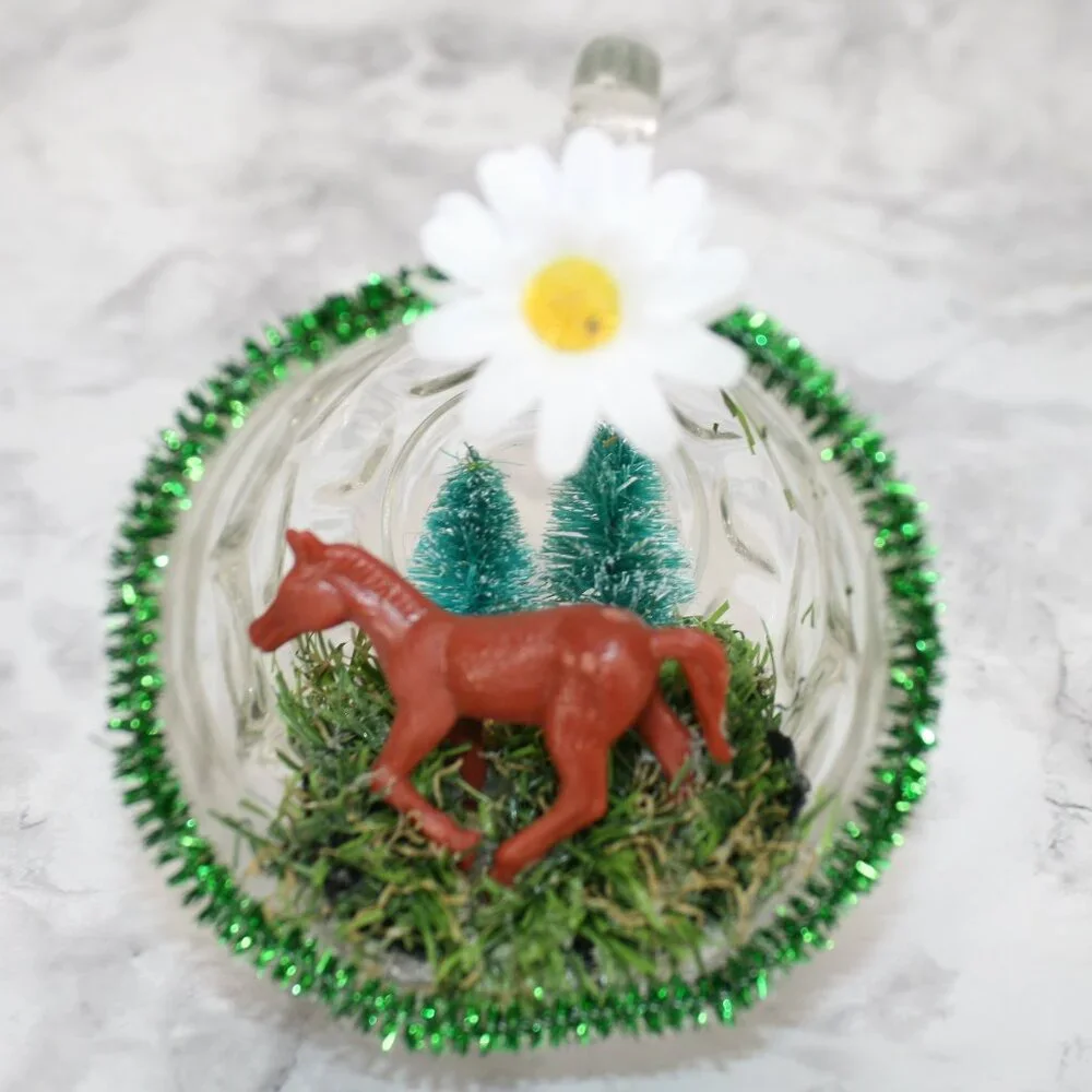 HAND CRAFTED Horse Decor Ornament Upcycled Cup Equestrian Farmhouse Daisy